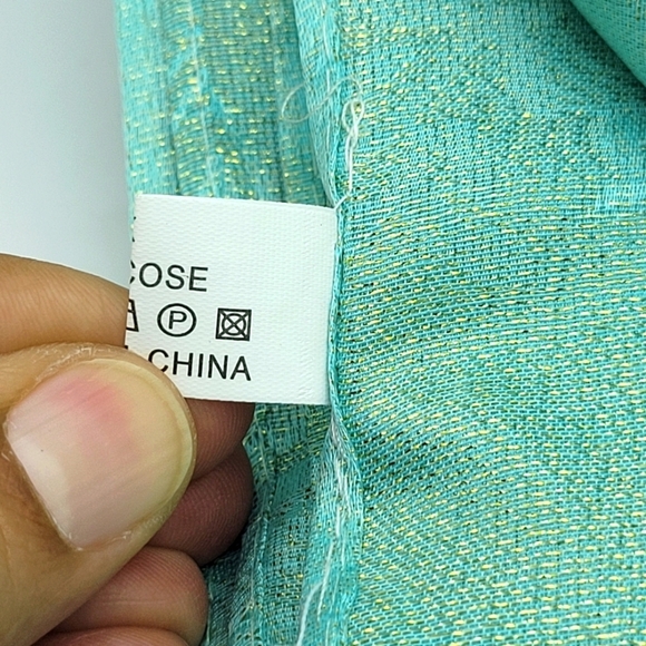 Silk Blend Aqua Green Metallic Floral Print Scarf  27"×74" - Picture 6 of 7